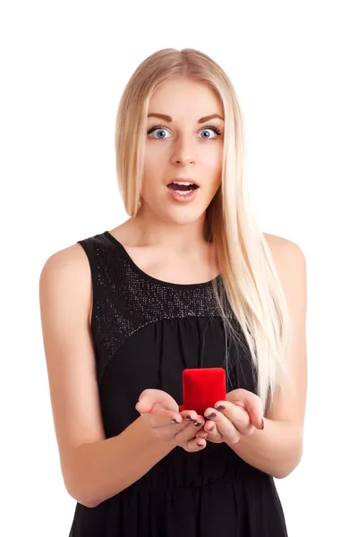 Young woman with engagement ring in box — Stock Photo, Image