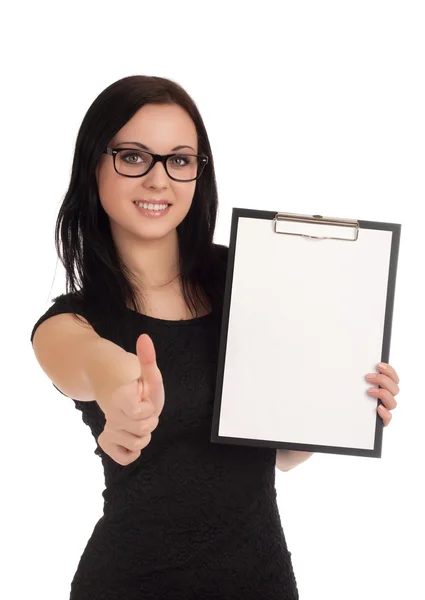 Smiling business woman holding clipboard — Stock Photo, Image