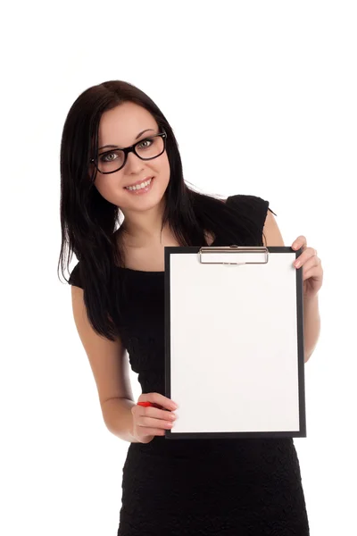 Smiling business woman holding clipboard — Stock Photo, Image