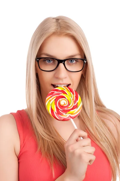 Portret van mooi meisje met grote lolly — Stockfoto