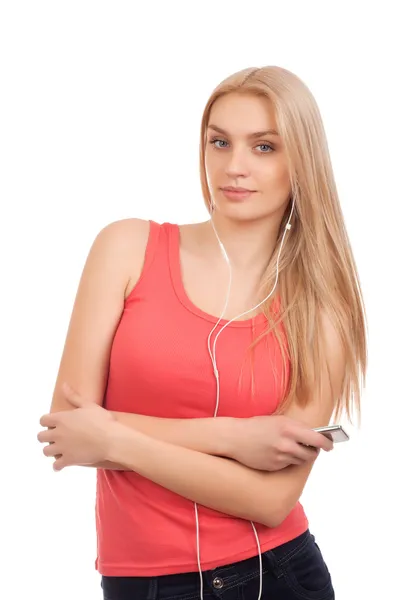 Blond teenage girl listen music — Stock Photo, Image