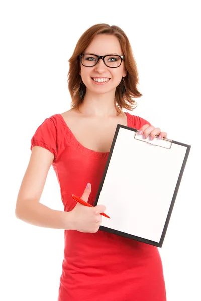 Young woman holding clipboard — Stock Photo, Image