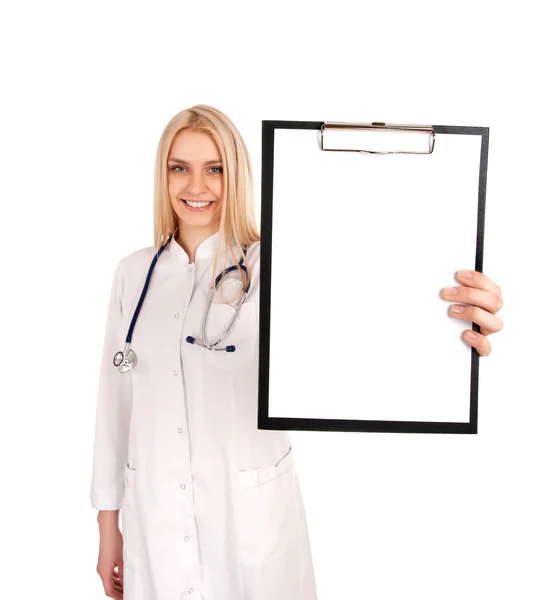 Young doctor holding clipboard — Stock Photo, Image