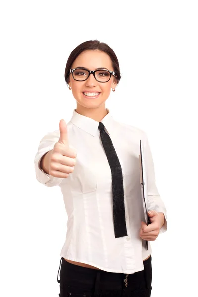 Smiling business woman holding clipboard — Stock Photo, Image