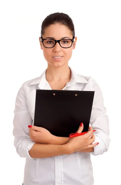 Smiling business woman holding clipboard — Stock Photo, Image