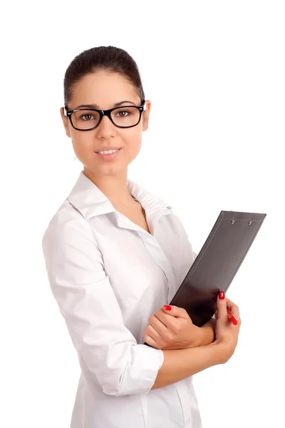 Smiling business woman holding clipboard — Stock Photo, Image