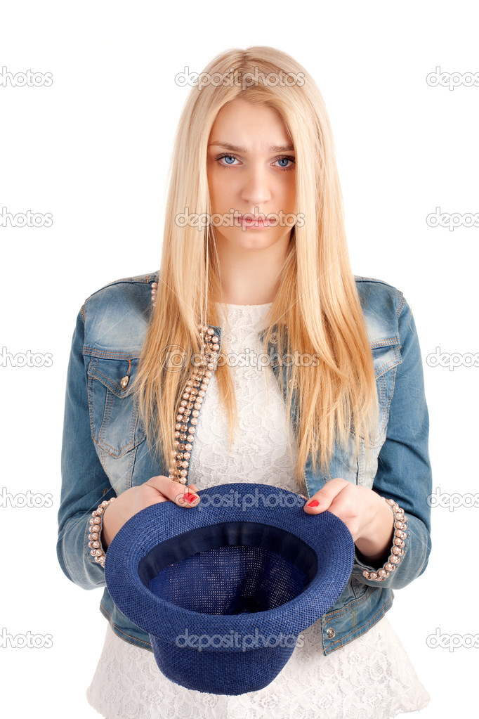 Young woman with hat begging for money