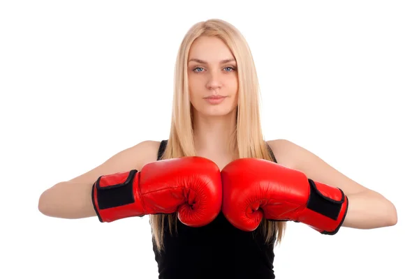 Jovem mulher bonita com luvas de boxe — Fotografia de Stock