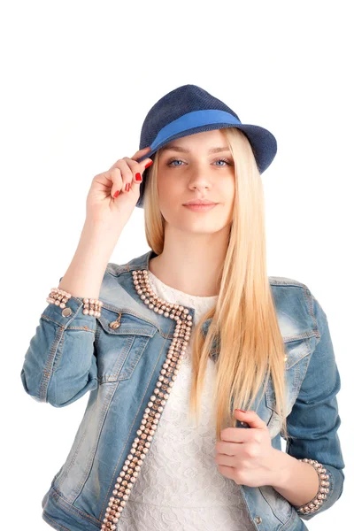Portrait of young woman in blue hat — Stock Photo, Image