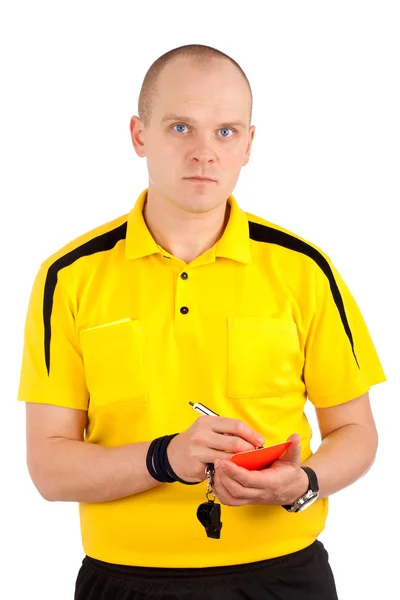 Escribir árbitro de fútbol en tarjeta roja — Foto de Stock