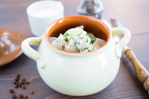 Fresh boiled meat dumplings served with dill — Stock Photo, Image