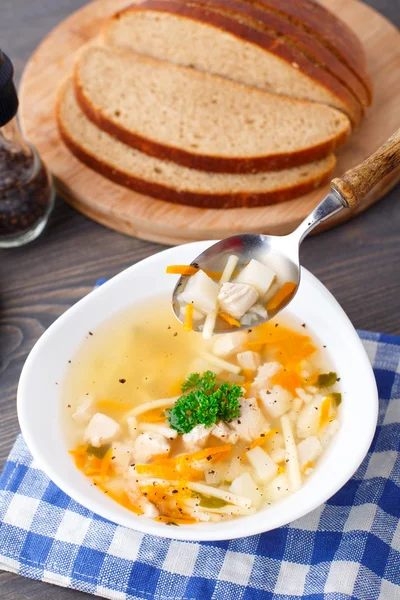 Mísa kuřecí polévky se zeleninou a nudlemi — Stock fotografie