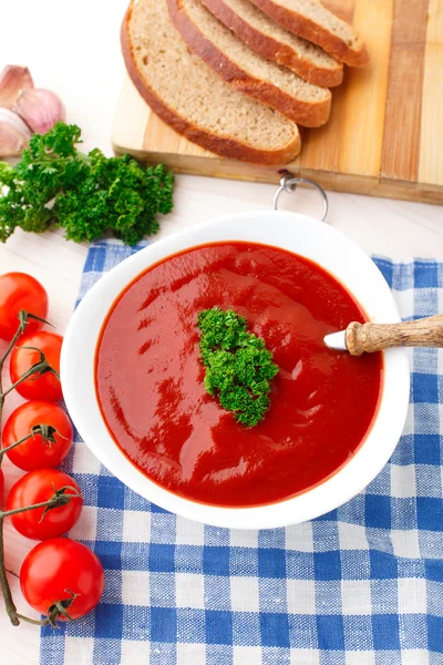 Sabrosa sopa de tomate con hierbas —  Fotos de Stock