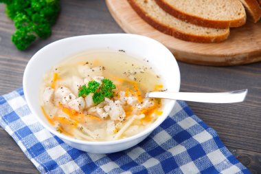 Bir kase tavuk çorbası, sebze ve erişte.