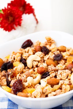 sağlıklı müsli kahvaltı ile fındık ve kuru üzüm