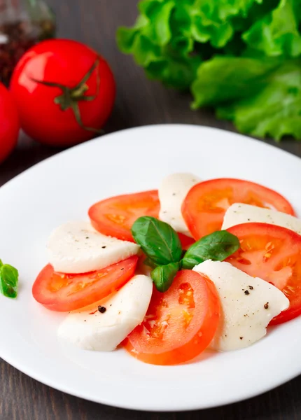 Tomaten und Mozzarella mit Basilikumblättern — Stockfoto