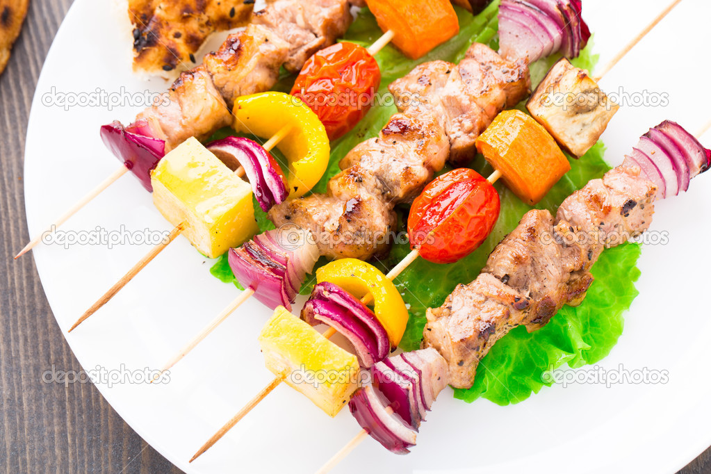 Barbecued pork and vegetable kebabs