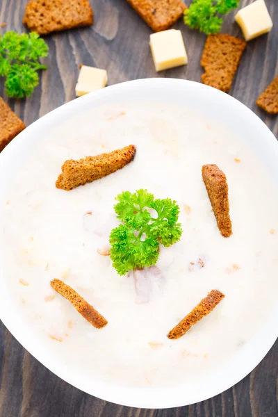 Sopa de queijo com torradas — Fotografia de Stock