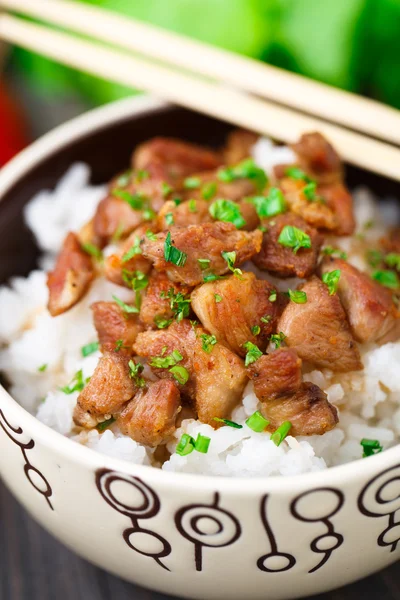 Tigela de arroz com carne — Fotografia de Stock