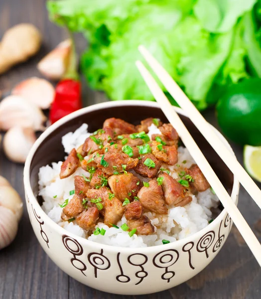 Ciotola di riso con carne — Foto Stock