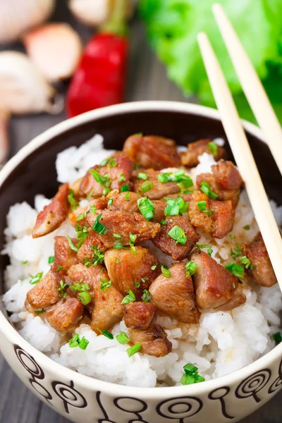 Tigela de arroz com carne — Fotografia de Stock