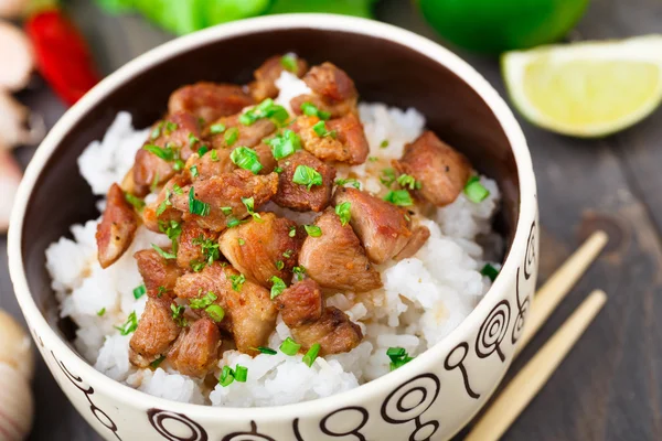 Tigela de arroz com carne — Fotografia de Stock