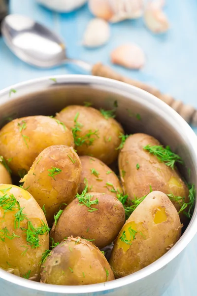 Vařené brambory s čerstvým koprem — Stock fotografie