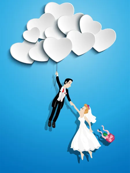 Just married couple flying with a heart shaped balloon — Stock Vector