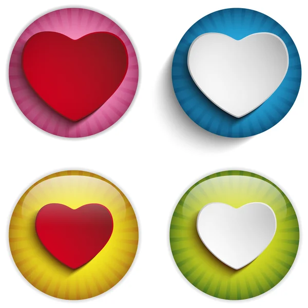四个多彩方块情人节集カラフルな光沢のあるボタンにバレンタインの日の心 — ストックベクタ