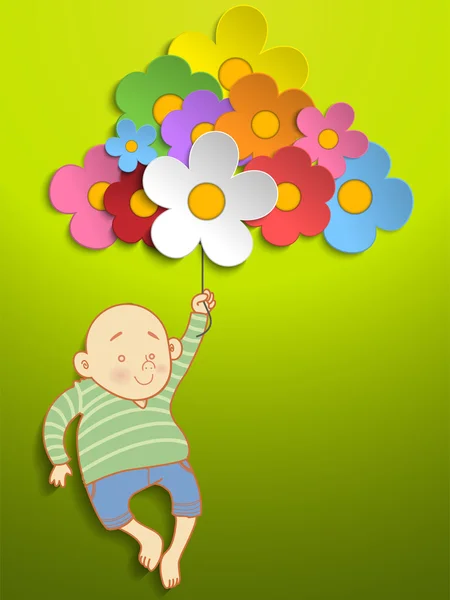 Niño sosteniendo hermosas flores coloridas de primavera — Vector de stock