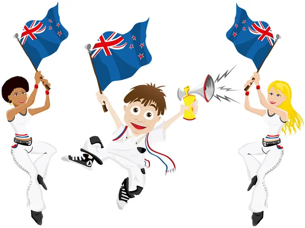 Ventilador de esporte da Nova Zelândia com bandeira e chifre —  Vetores de Stock