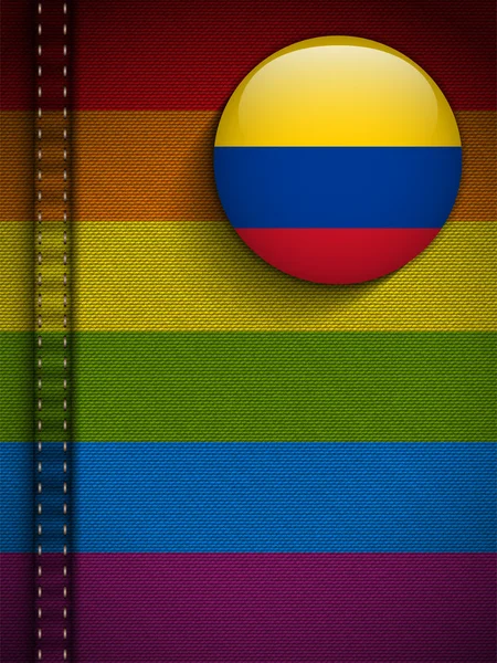 Botão de bandeira gay na textura de tecido de jeans Colômbia —  Vetores de Stock