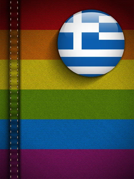 Botão de bandeira gay na textura de tecido de jeans Grécia — Vetor de Stock