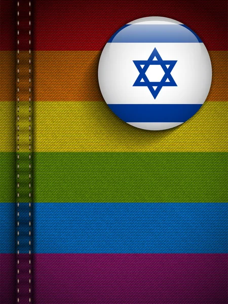 Gay Botón de Bandera en Jeans Textura de Tela Israel — Vector de stock