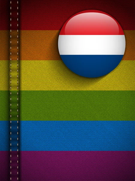 Gay flagga knappen på jeans tyg textur Nederländerna — Stock vektor