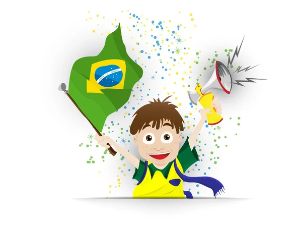 Бразильский спортивный болельщик с флагом и рогом — стоковый вектор