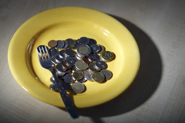 Pièces en euros dans une assiette — Photo