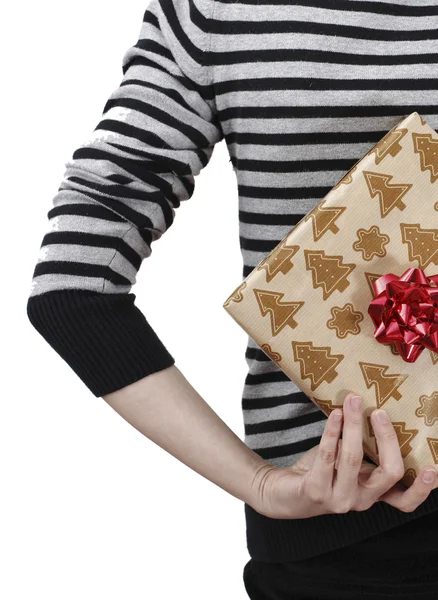 Young woman holding a present — Stock Photo, Image