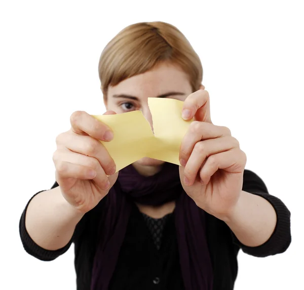 Woman and post it — Stock Photo, Image