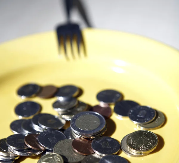 Monedas de euros en un plato — Foto de Stock