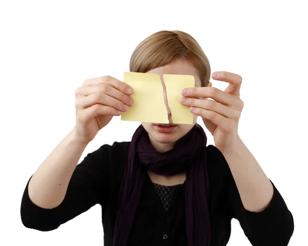 Woman and post it — Stock Photo, Image