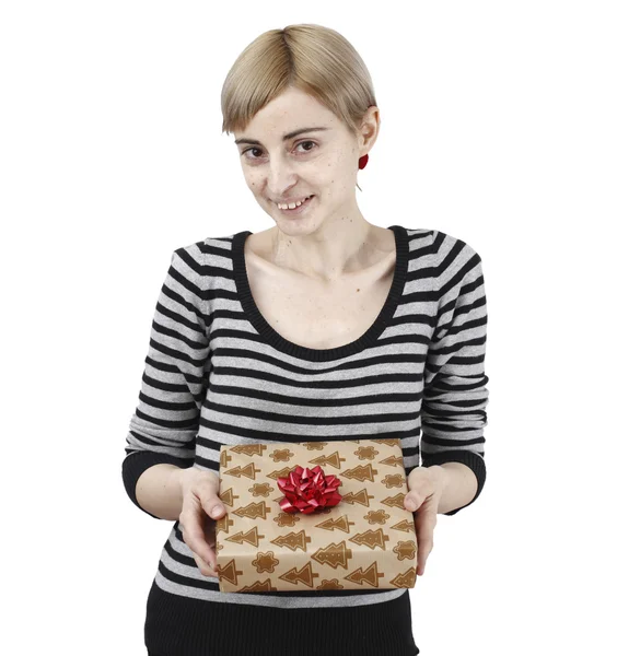 Young woman holding a present — Stock Photo, Image