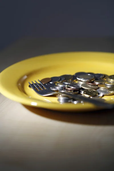 Monedas de euros en un plato — Foto de Stock