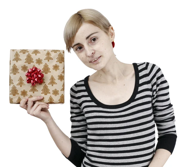 Young woman holding a present — Stock Photo, Image