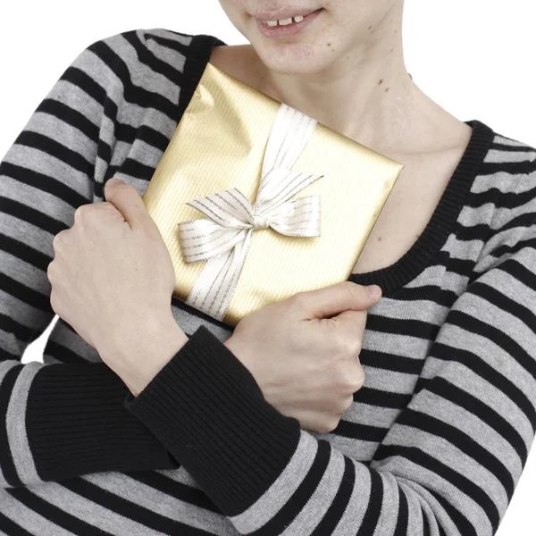 Young woman holding a present — Stock Photo, Image