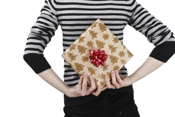 Young woman holding a present — Stock Photo, Image