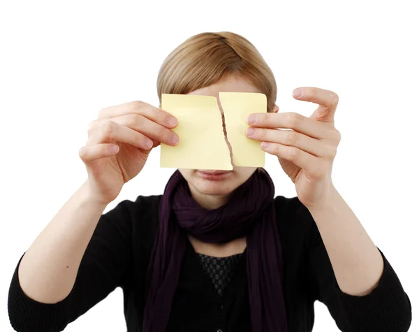 Vrouw en post-it — Stockfoto