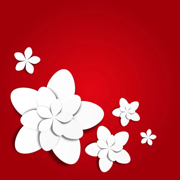 Fleurs en papier blanc sur rouge — Image vectorielle