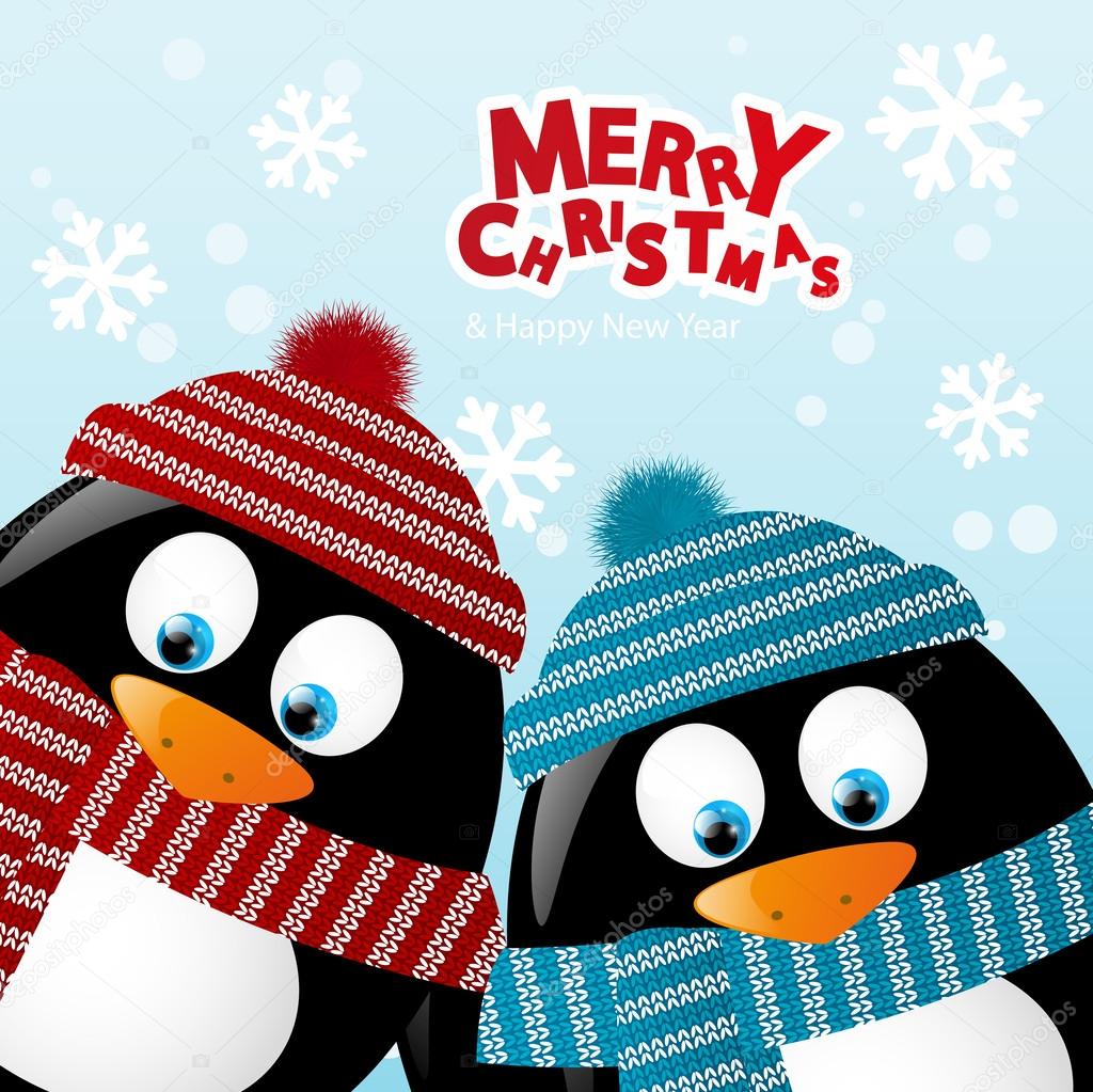 Two penguins on winter background