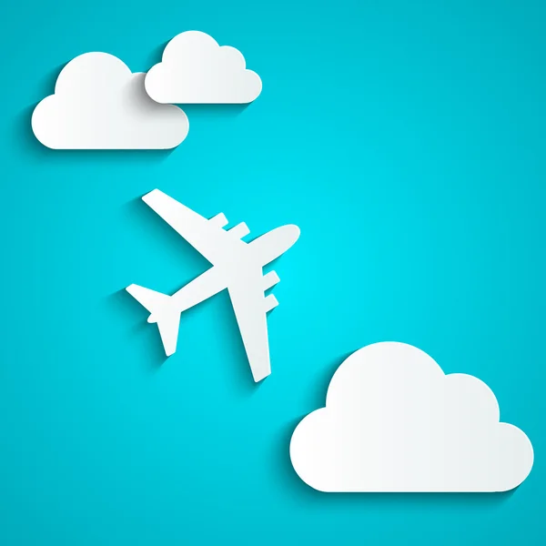 Fundo de papel com avião e nuvens — Vetor de Stock